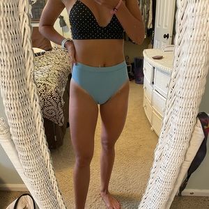 Black & White polka dot bikini top with teal high wasted bottoms